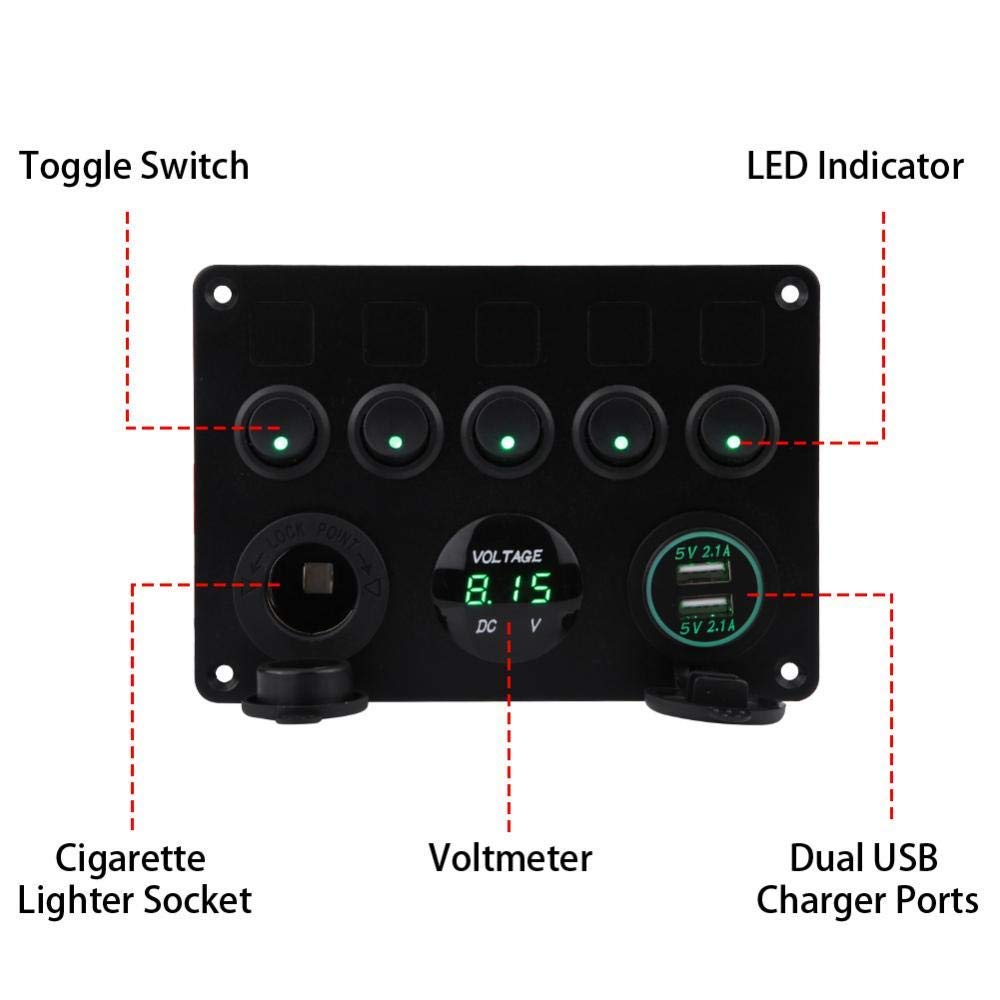 5 Gang Rocker Switch Panel 12-24V On/Off Dual USB Charger Port Digital Voltmeter Display Green LED Pack of 2 K2642