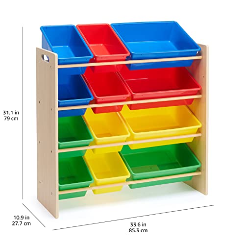 White Wood Kids Toy Storage Organizer with 12 Plastic Pink Bins H3470