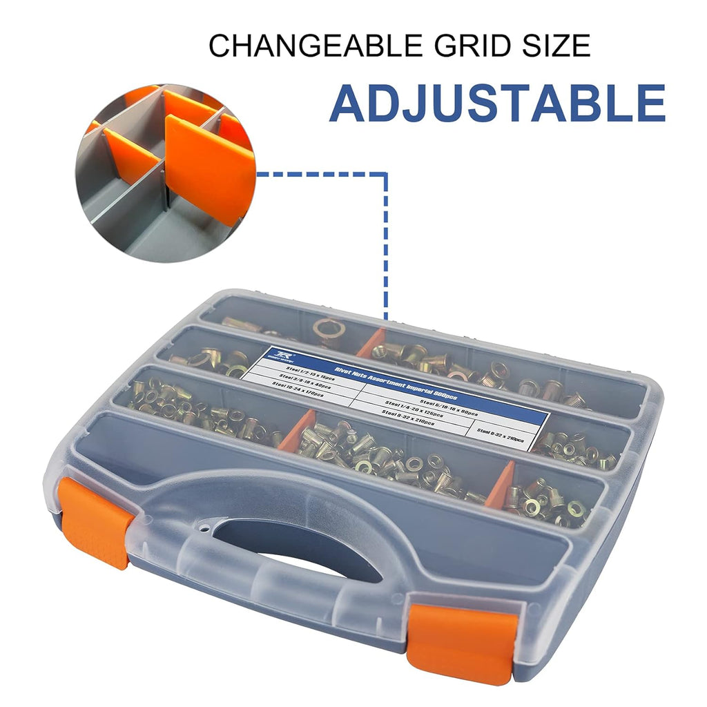 860pcs Rivet Nut Kit, SAE UNC Assortment, Zinc Plated Carbon Steel Flat Head Insert Threaded Rivet Nut Tool Kit with Case I1820