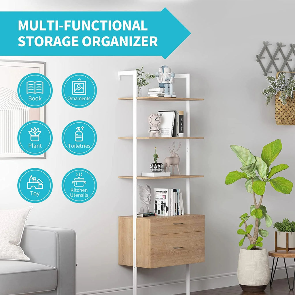 Wood Bookshelf with Drawers and Steel Frame M79841