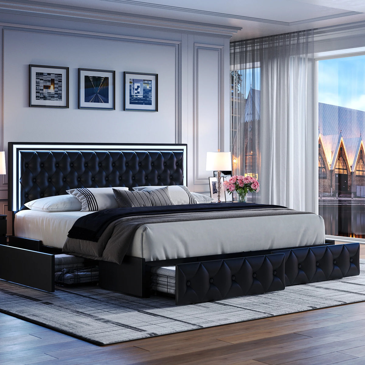 Queen LED Platform Bed Frame with 4 Storage Drawers Q190731