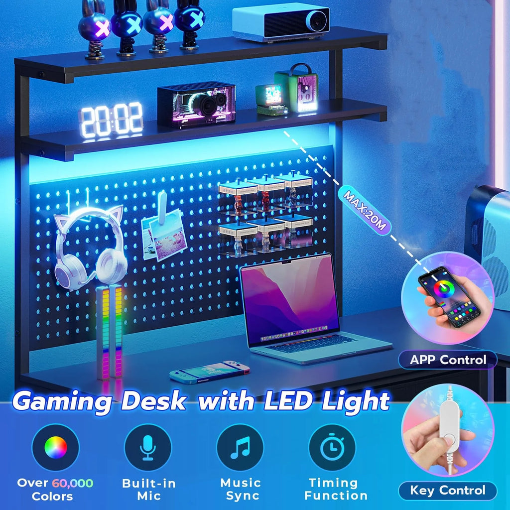 Black L Shaped Desk with LED Lights and Storage Shelves G476