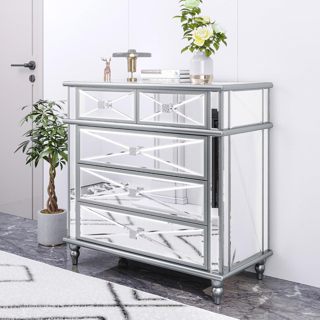 Silver Mirrored 5 Drawer Dresser with Wood Legs N8226