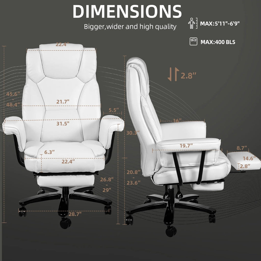 White Ergonomic PU Leather Reclining Office Chair with Footrest B4469