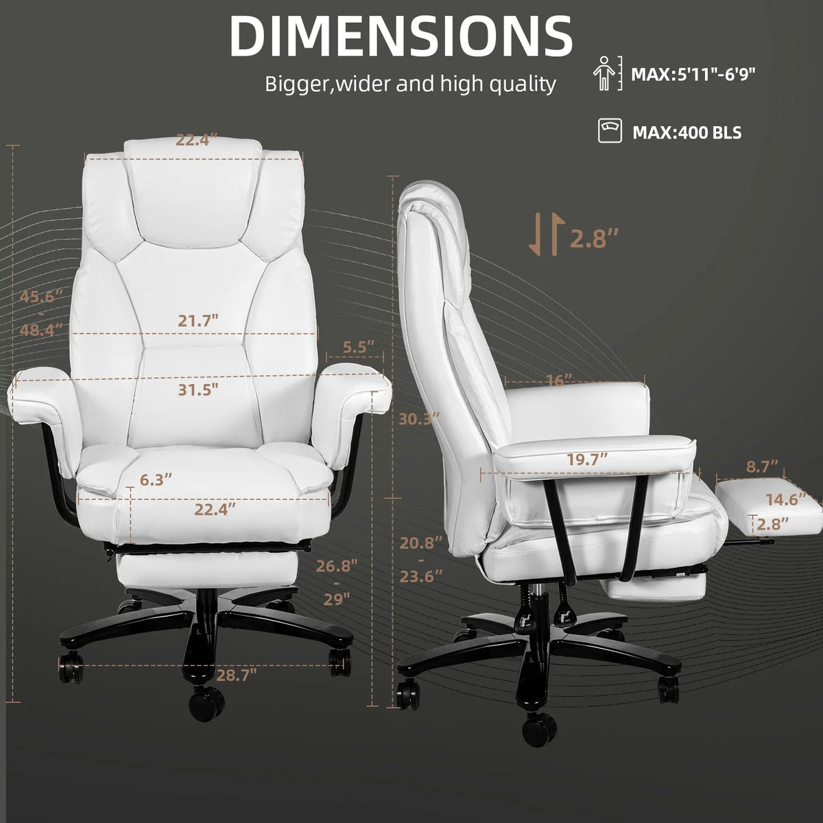 White Ergonomic PU Leather Reclining Office Chair with Footrest B4469