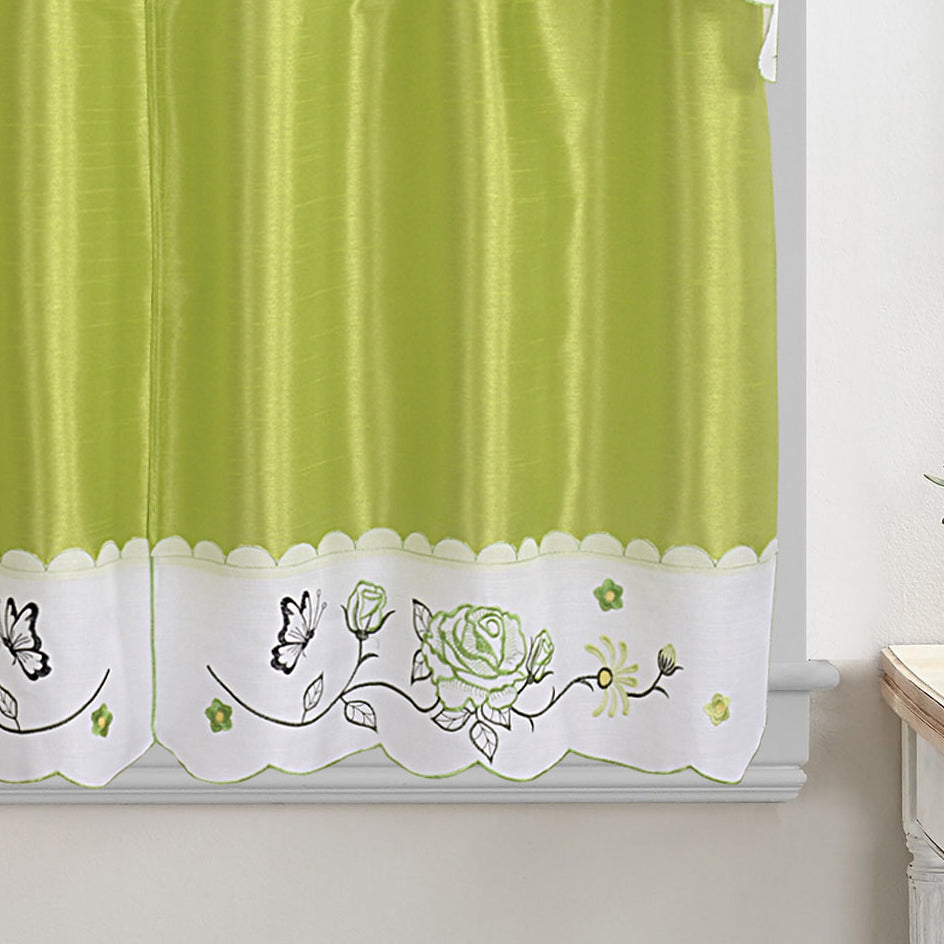 Green Embroidered 3-Piece Kitchen Curtain Tiers & Swag Set, 58x36 & 28x36 inches Y57718