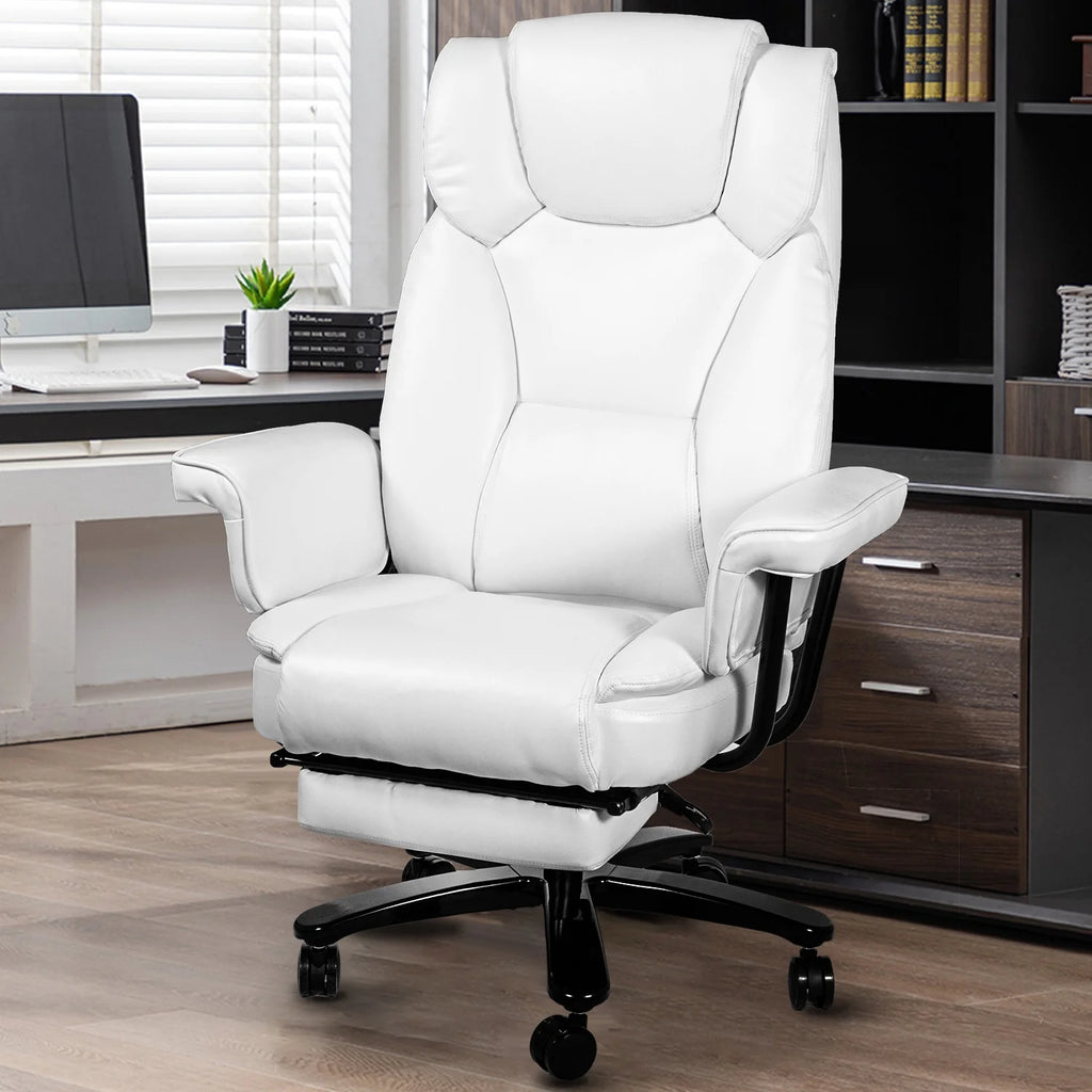 White Ergonomic PU Leather Reclining Office Chair with Footrest B4469