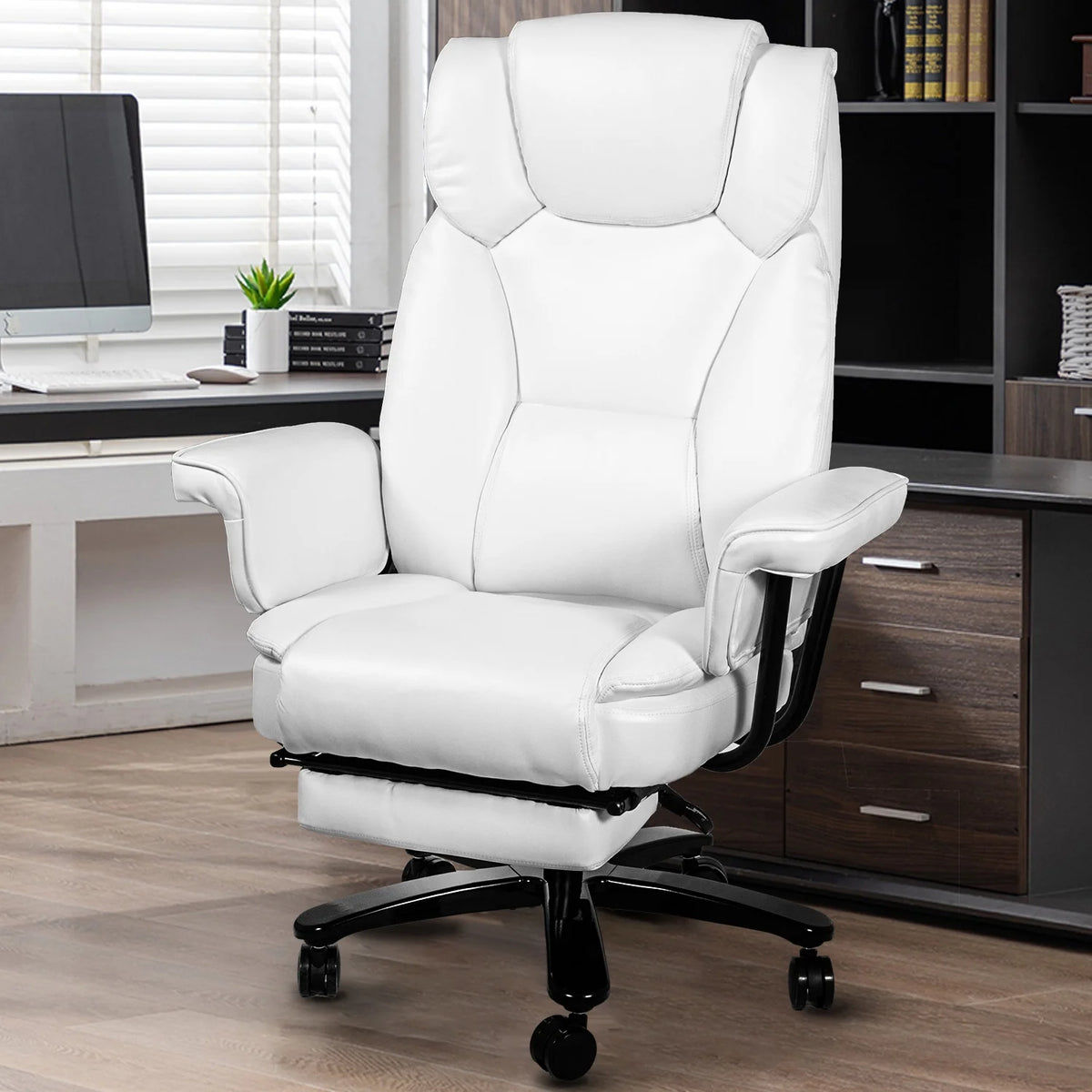 White Ergonomic PU Leather Reclining Office Chair with Footrest B4469