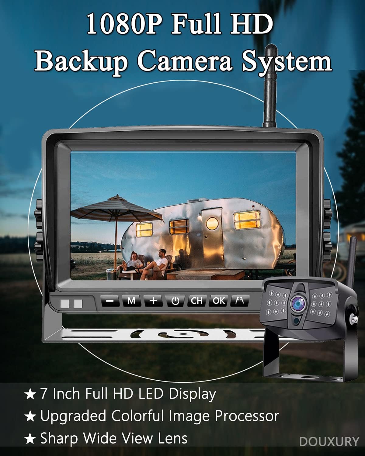 Wireless 1080P RV Backup Camera with 7'' DVR 4 Split Screen Monitor Y474067