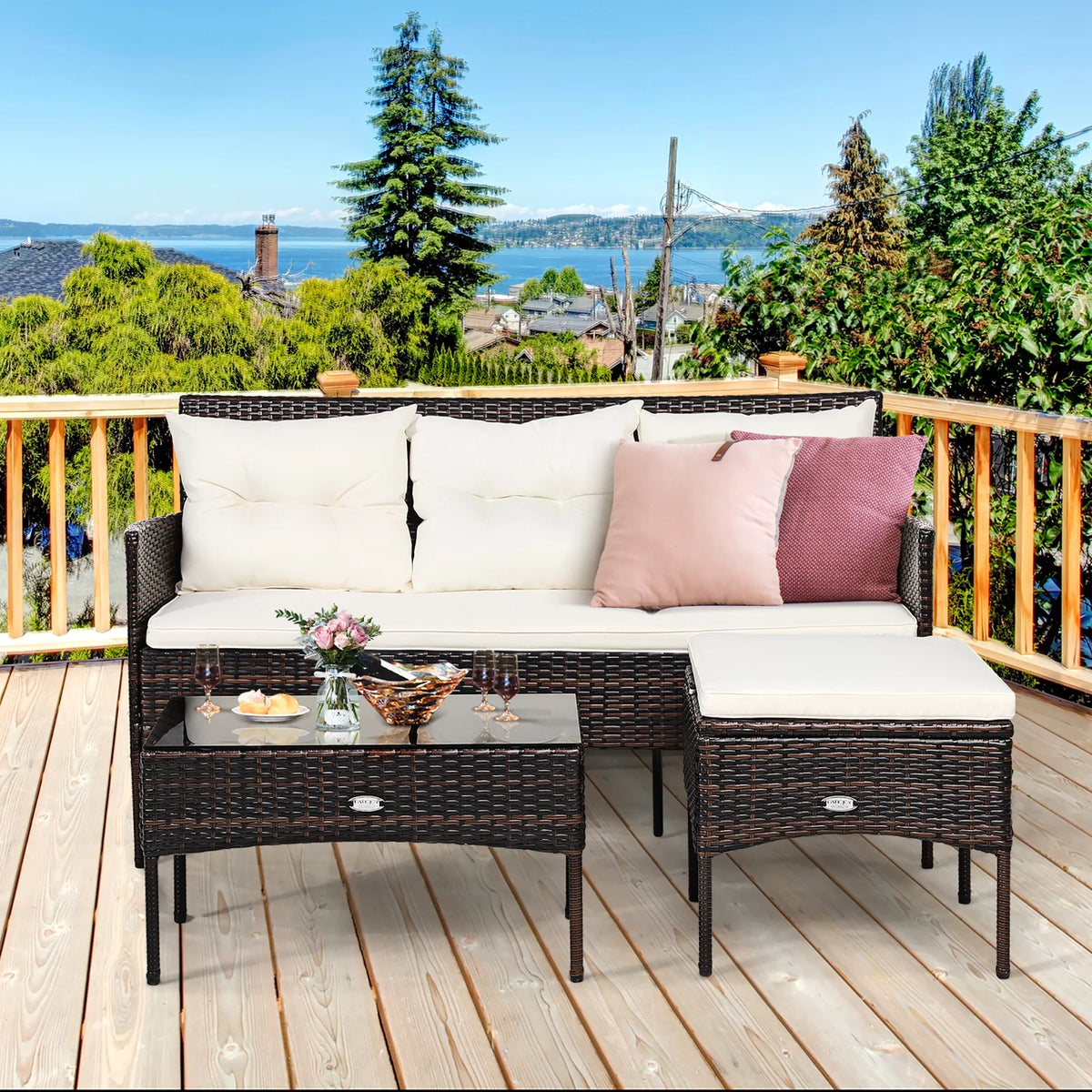 3 Pc Cushioned Patio Rattan Sofa Set K415967