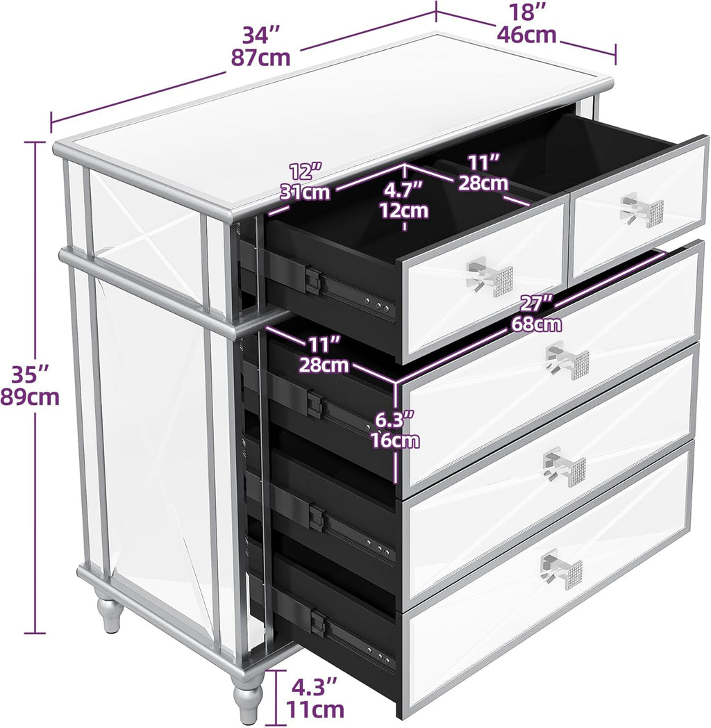 Silver Mirrored 5 Drawer Dresser with Wood Legs N8226