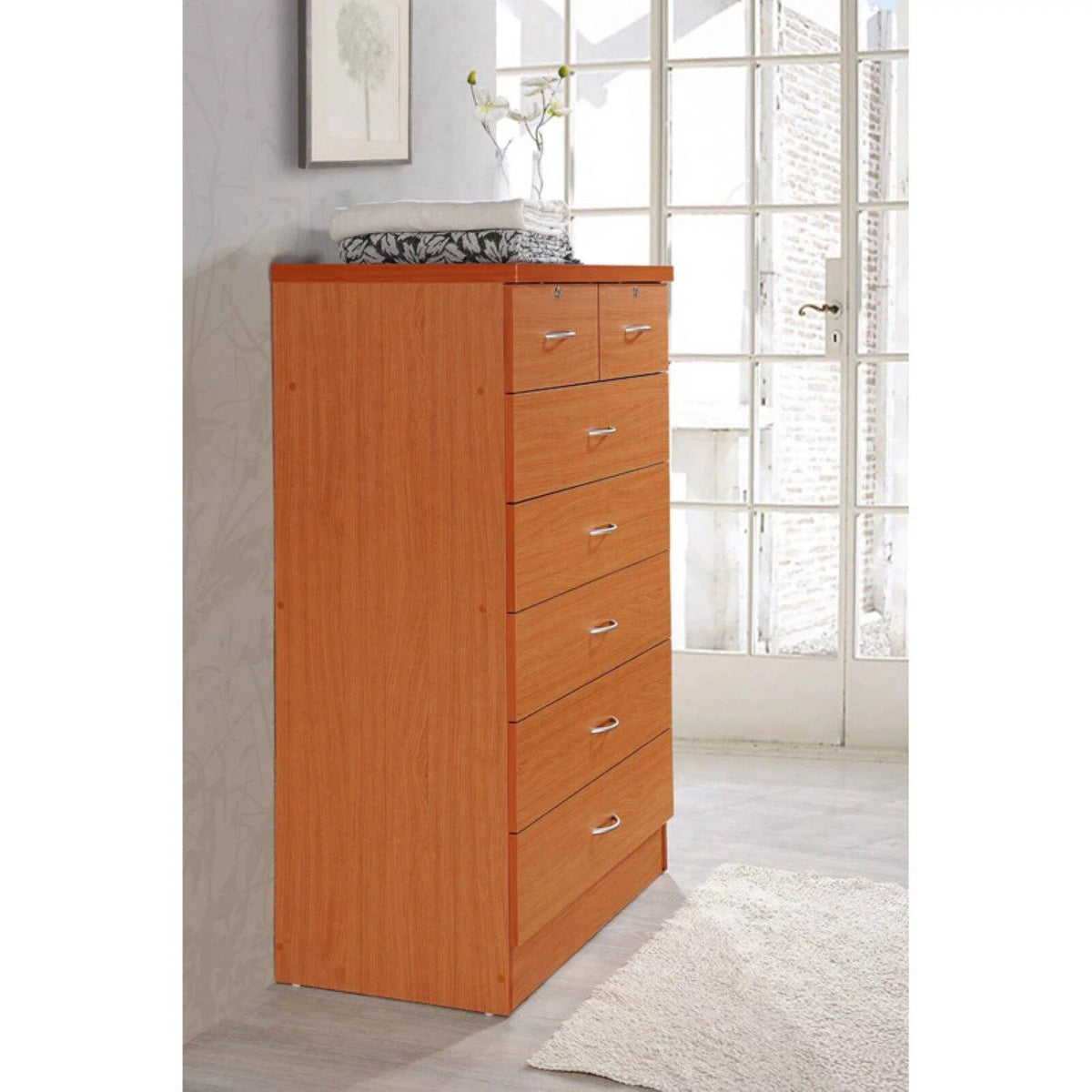 7 Drawer Wooden Dresser Chest with 2 Top Locks, Cherry P2044