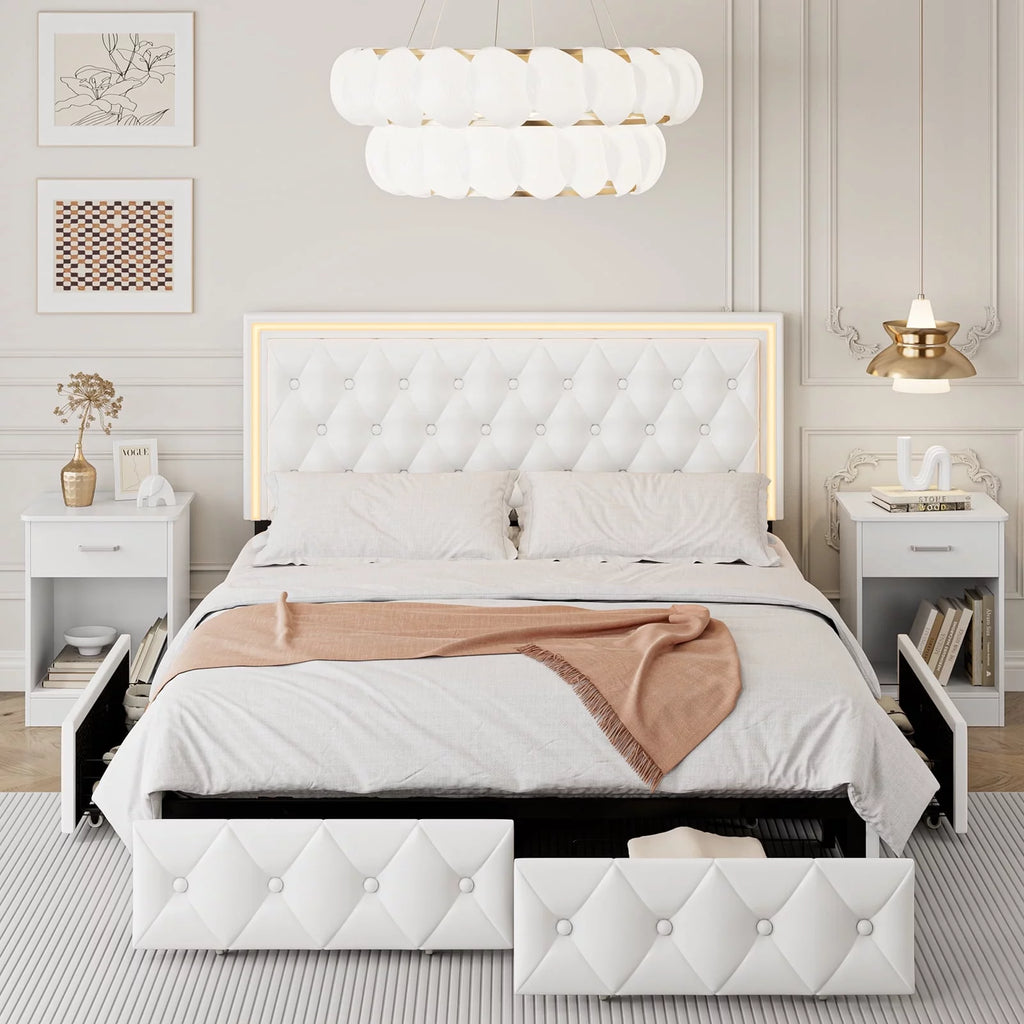 Queen LED Platform Bed Frame with 4 Storage Drawers Q190731