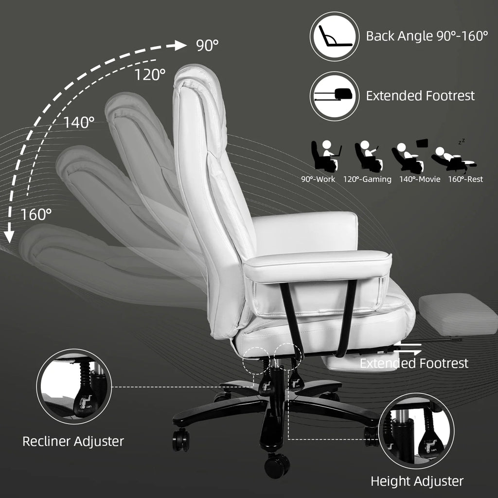 White Ergonomic PU Leather Reclining Office Chair with Footrest B4469