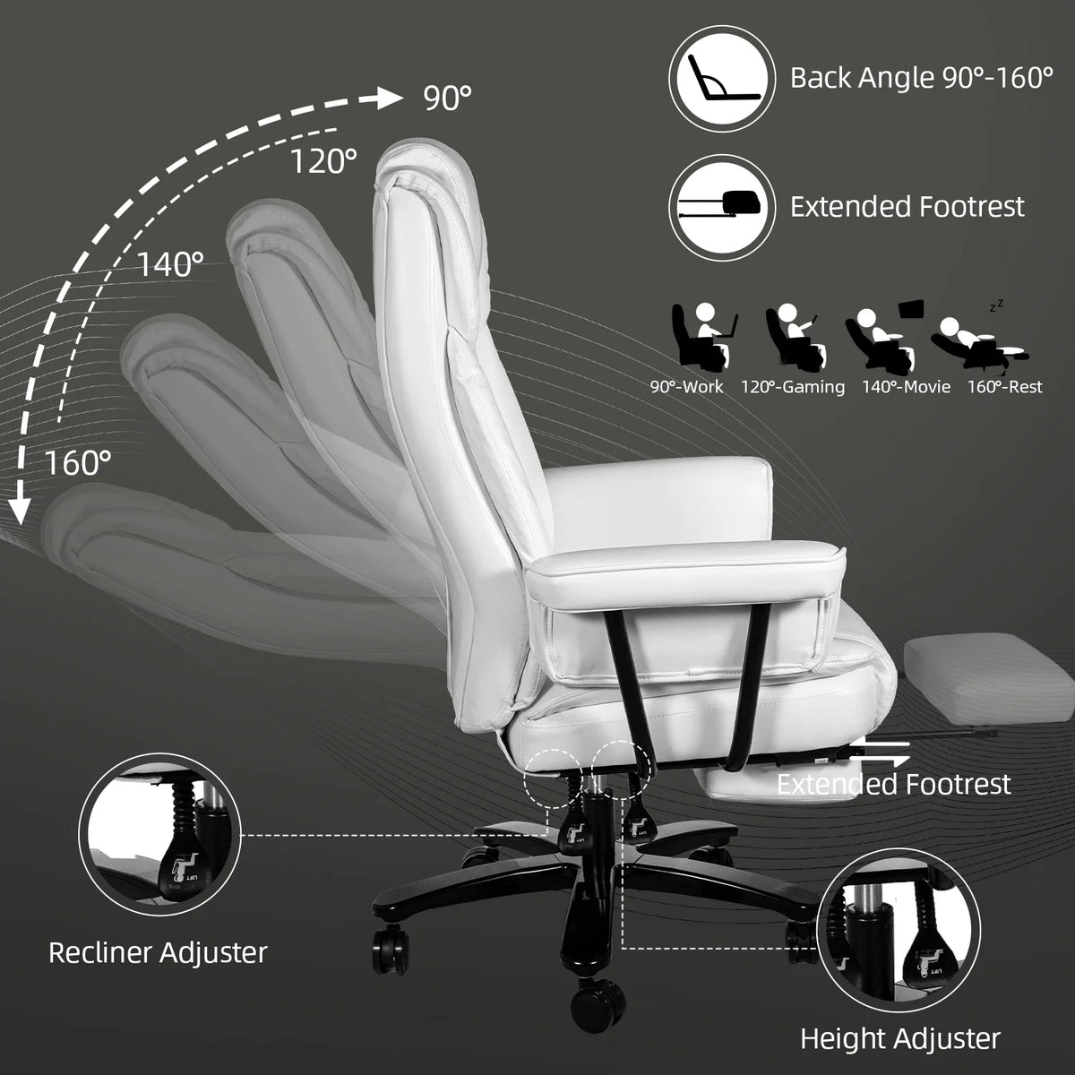 White Ergonomic PU Leather Reclining Office Chair with Footrest B4469