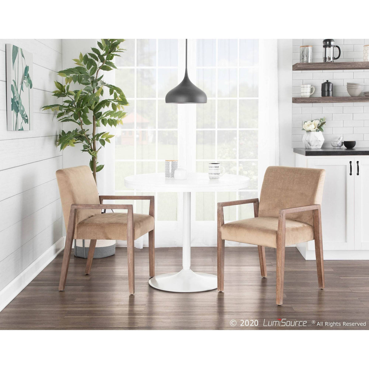 Crushed Brown Velvet White Washed Wood Dining Arm Chair Set of 2 J544815