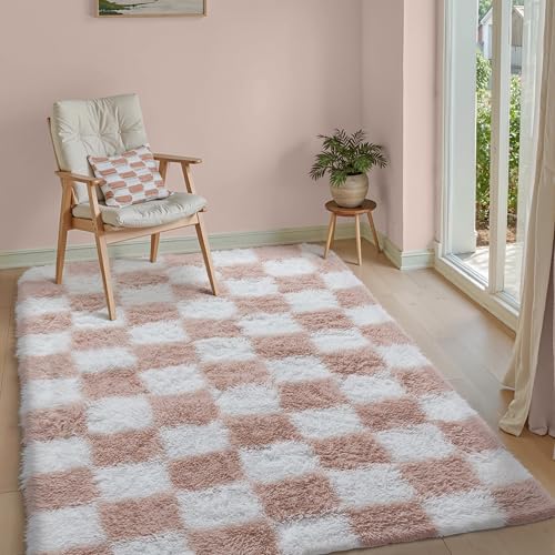 Beige and White Checkered Shag Rug 8x10 S33412