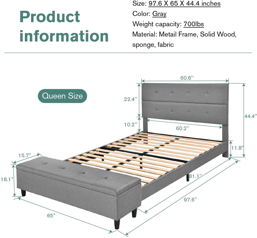 Gray Queen Platform Bed Frame with Storage Ottoman Bench & Headboard R457178