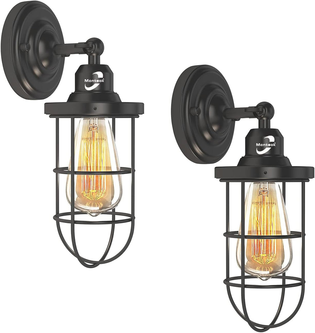Plug in Wall Sconces Set of 2 Black Wire Cage Wall Light Fixtures A60874