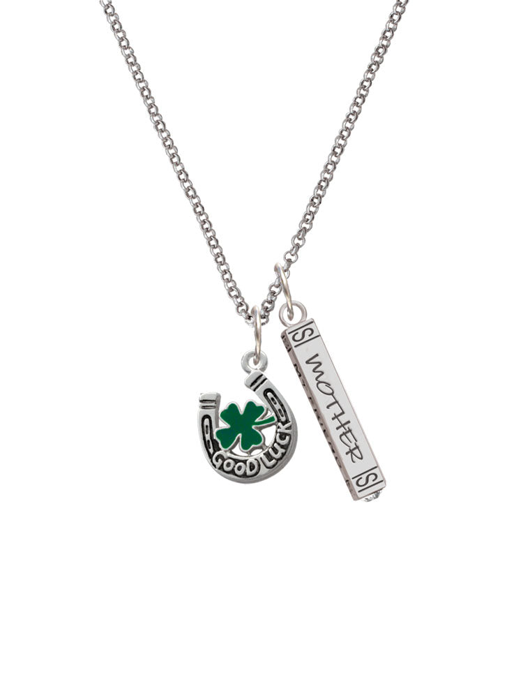 Silvertone Horseshoe Four Leaf Clover Mother Daughter Bar Charm Necklace, 23" X9702