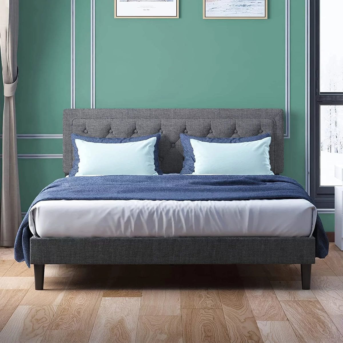 Queen Size Linen Fabric Upholstered Button Tufted Headboard Bed Frame U8653