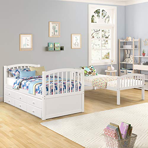 White Twin Bunk Bed with Ladder, Safety Rail and Trundle F39568