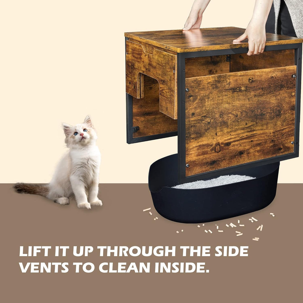 Rustic Brown and Black Cat Litter Box Enclosure with Magnetic Door Q2216