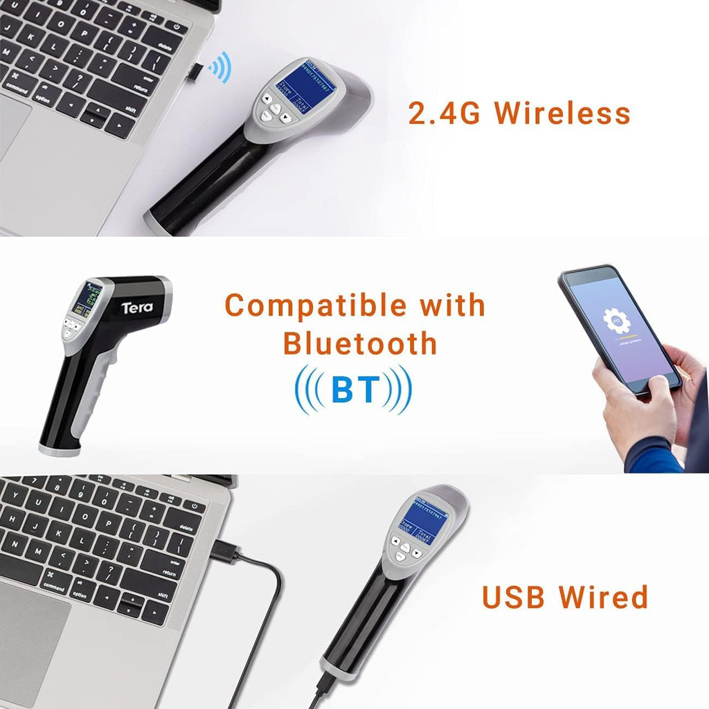 Tera Barcode Scanner Temperature Thermometer 2D QR 1D Cordless Bar Code Reader with Digital Display Screen, Compatible with Bluetooth 2.4Ghz Wireless USB Wired Pack of 2 J3384