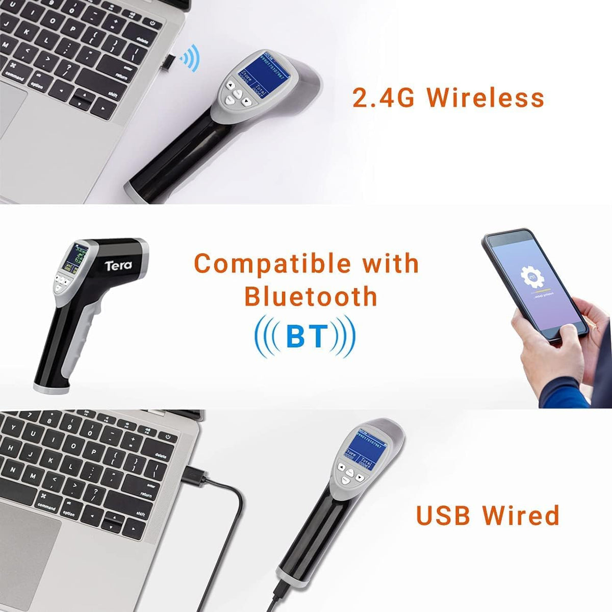 Tera Barcode Scanner Temperature Thermometer 2D QR 1D Cordless Bar Code Reader with Digital Display Screen, Compatible with Bluetooth 2.4Ghz Wireless USB Wired Pack of 2 J3384