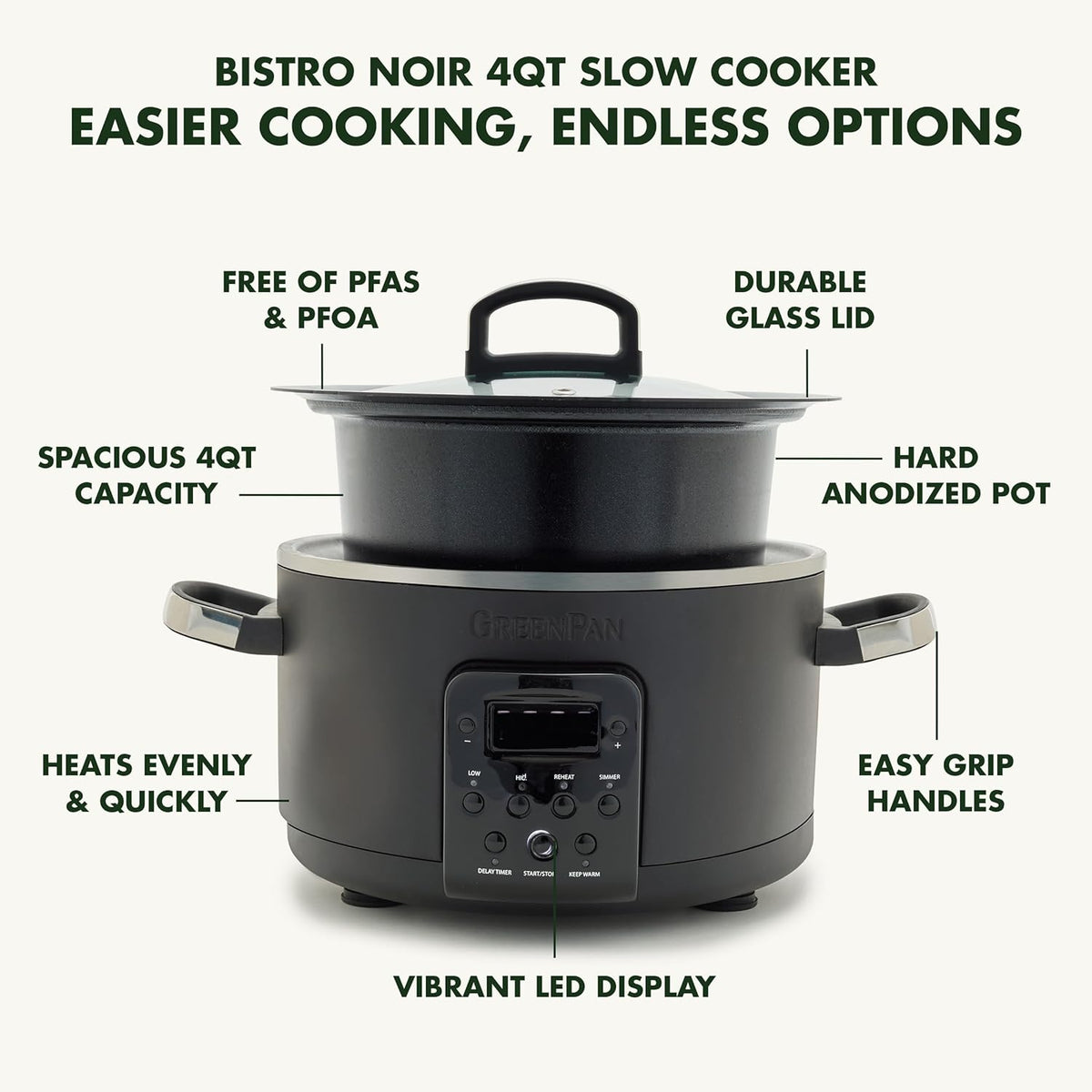 4QT Electric Slow Cooker with Lid, Hard Anodized Ceramic Nonstick Inner Pot M175280