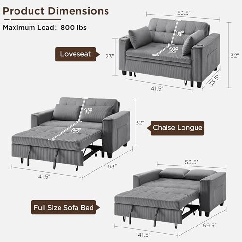 Light Grey Corduroy 3 in 1 Convertible Sleeper Sofa Bed S168