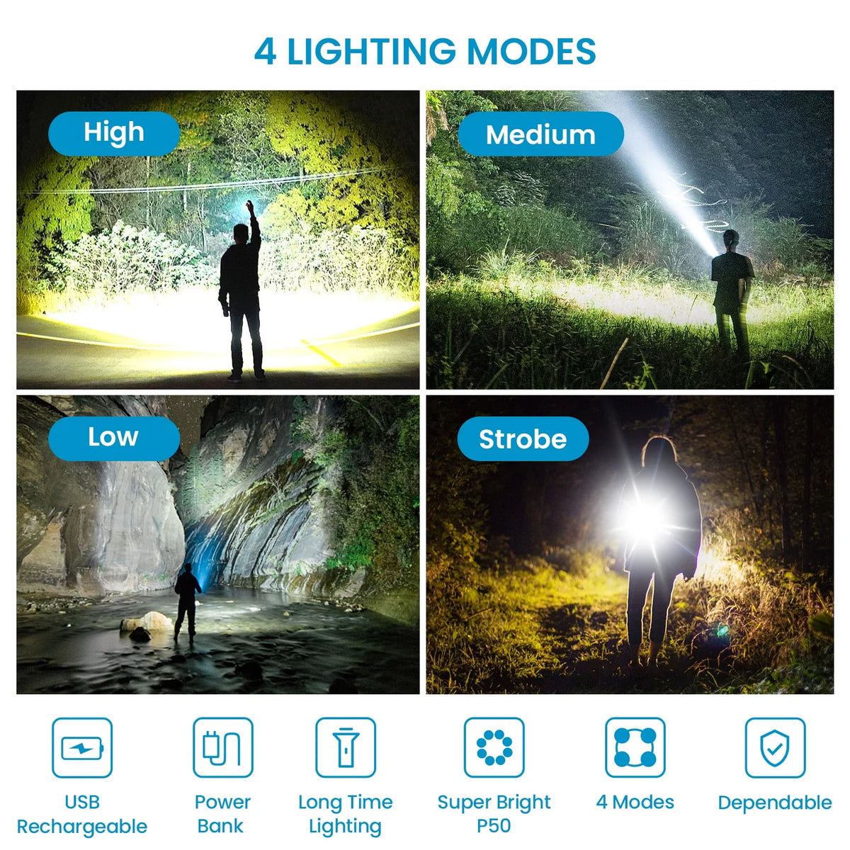 50000 Lumens Super Bright LED USB Rechargeable Waterproof Flashlight X796484