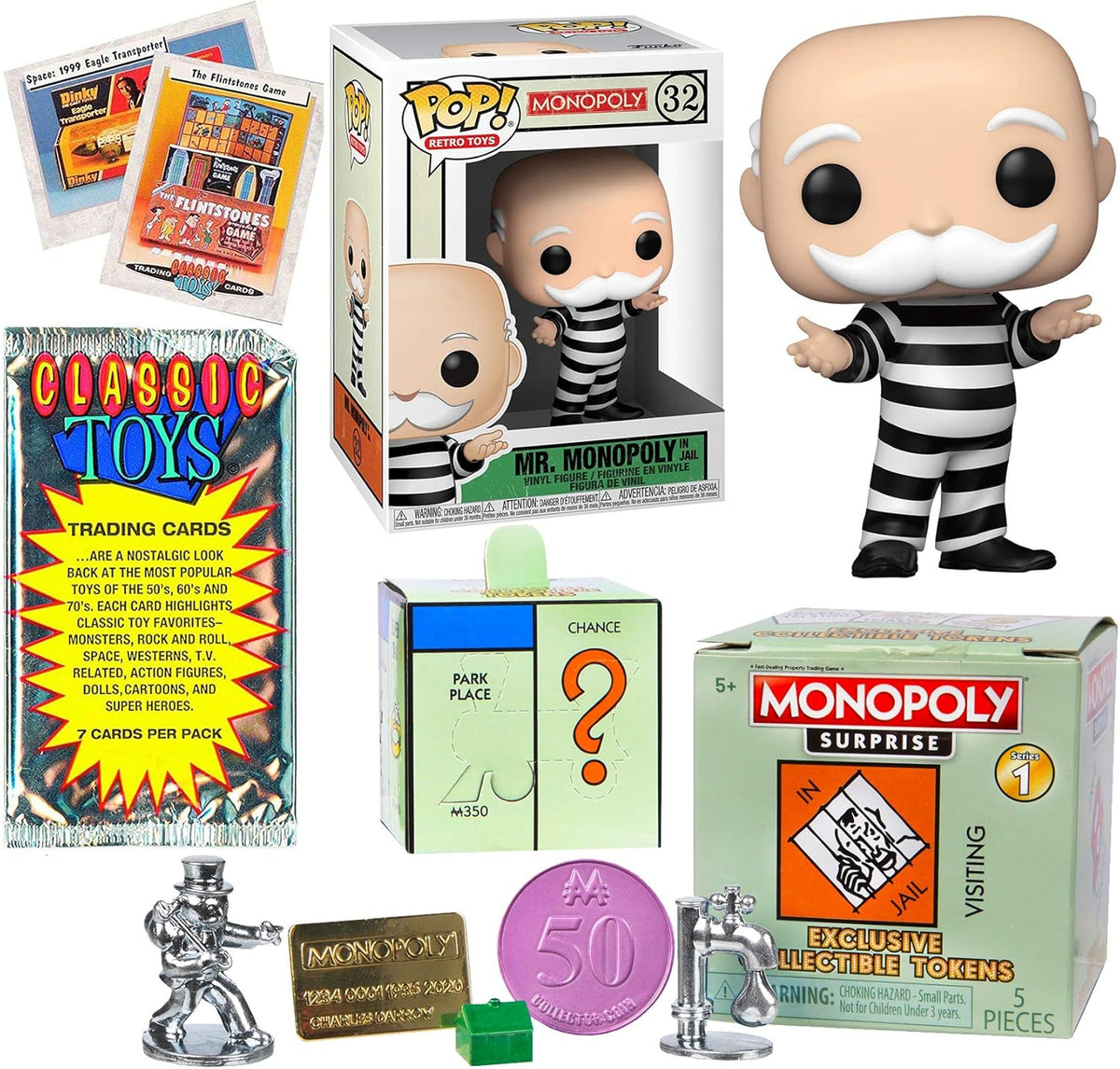 Mr. Monopoly Figure with Retro Game Token and Trading Cards 3 Items E8619