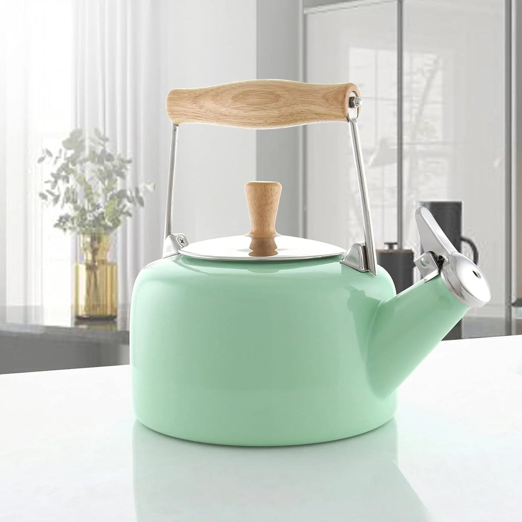 Enamel On Steel Whistling Teakettle with Wood Handle, 1.4 Quarts R974735