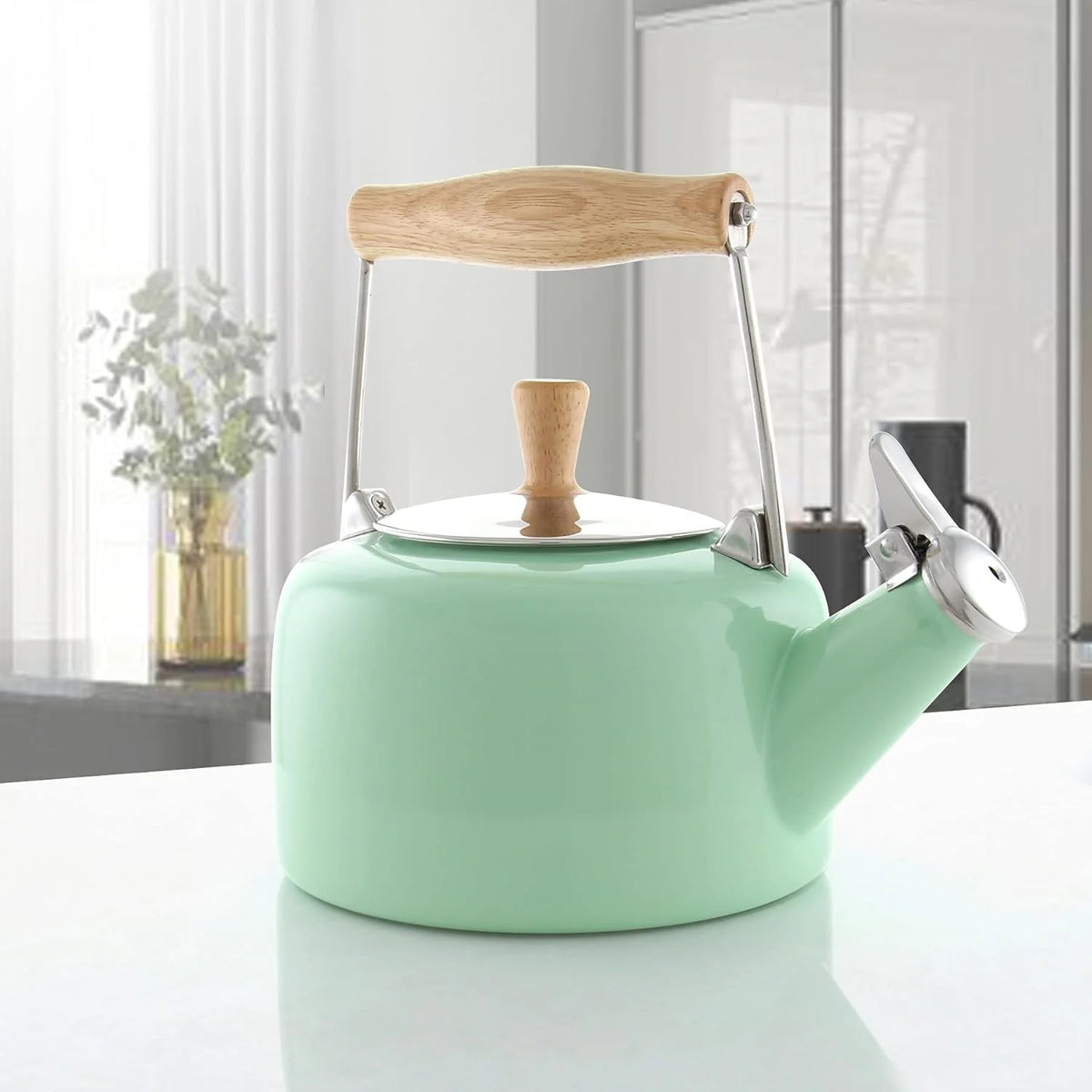 Enamel On Steel Whistling Teakettle with Wood Handle, 1.4 Quarts R974735
