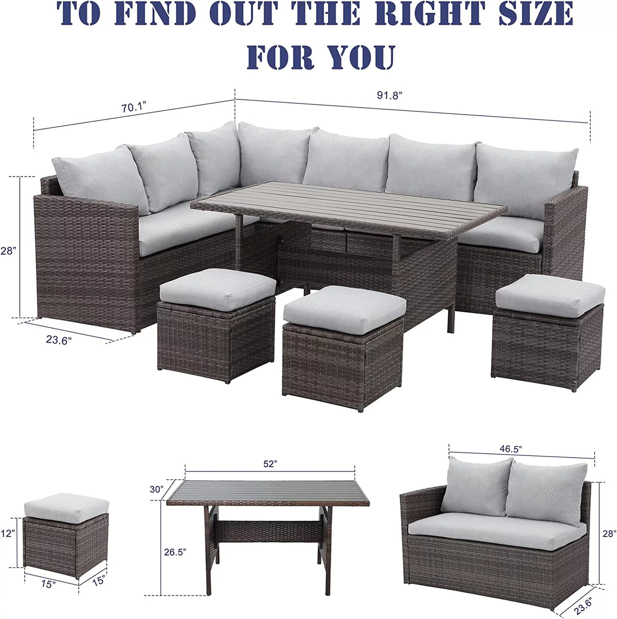 7 Piece All Weather Wicker Outdoor Sofa Set with Dining Table and Ottoman P796
