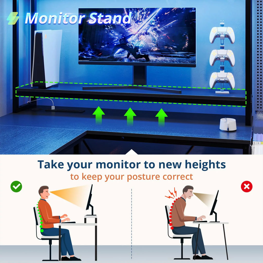 L Shaped Computer Desk with Power Outlet and LED Strip, Black S57414
