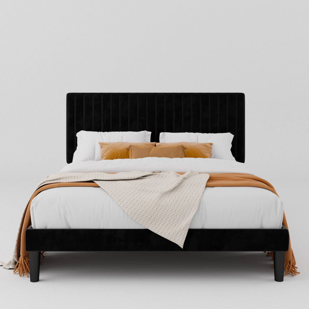 Queen Size Black Velvet Upholstered Platform Bed Frame W57887