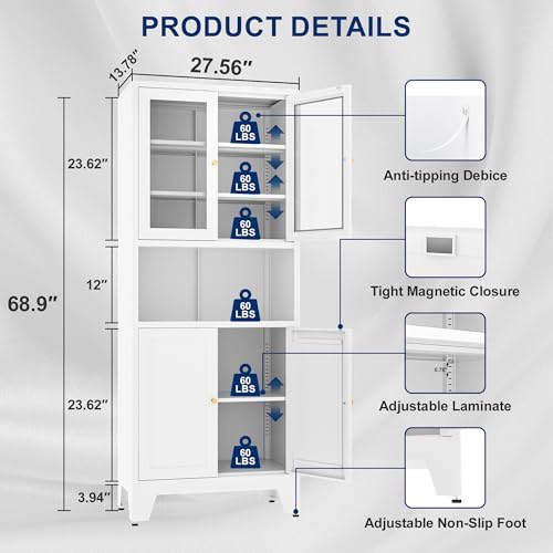 Tall White Metal Storage Cabinet with 3 Adjustable Shelves and 2 Doors J6974