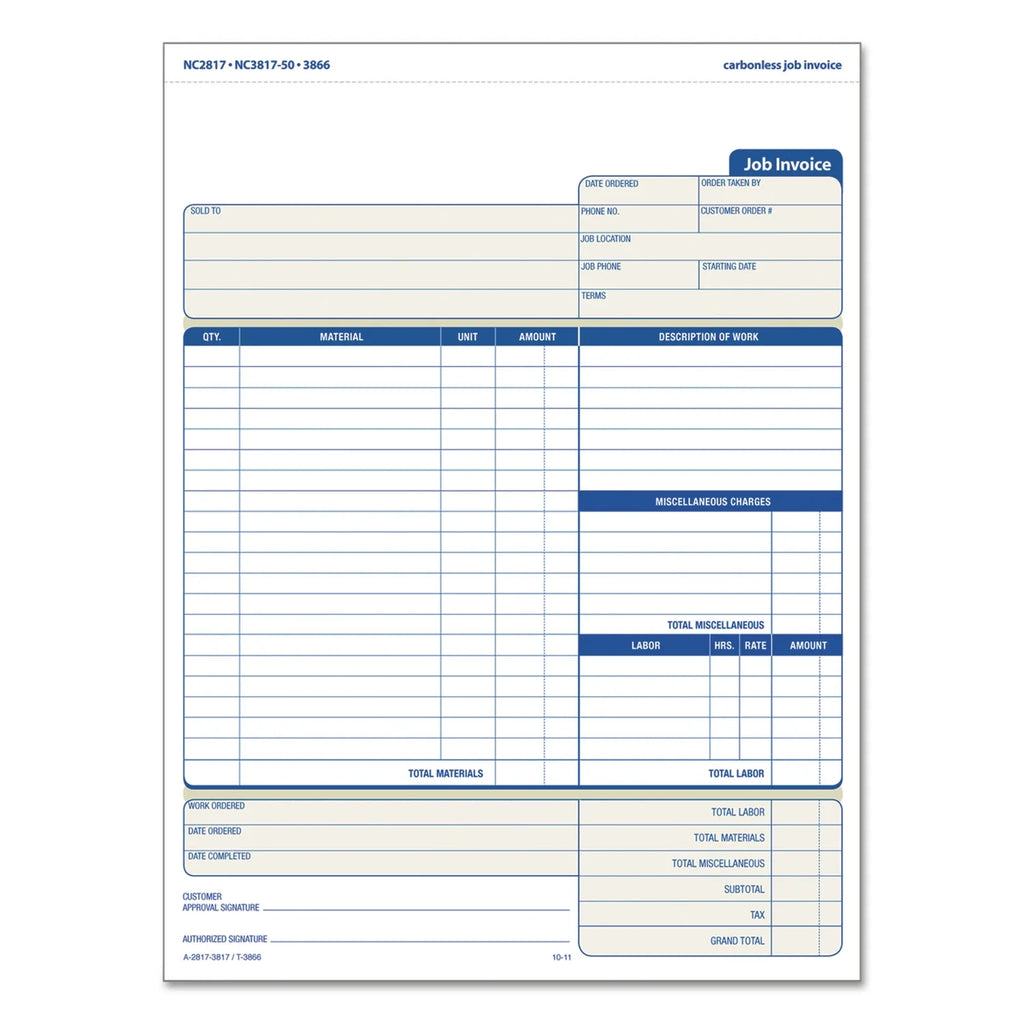 Three-Part Carbonless Job Invoice Forms, 50 / Pack R71808