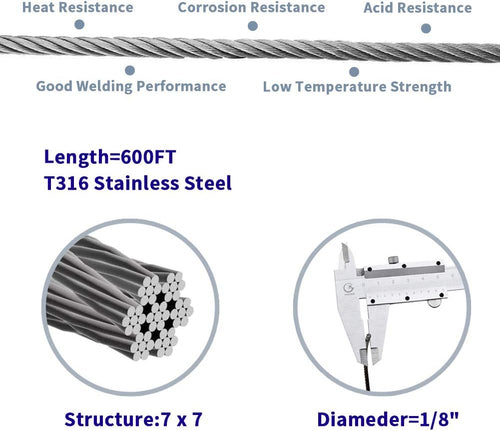 1/8 T316 Stainless Steel Cable 600FT Wire Rope 7 x 7 Strands X341
