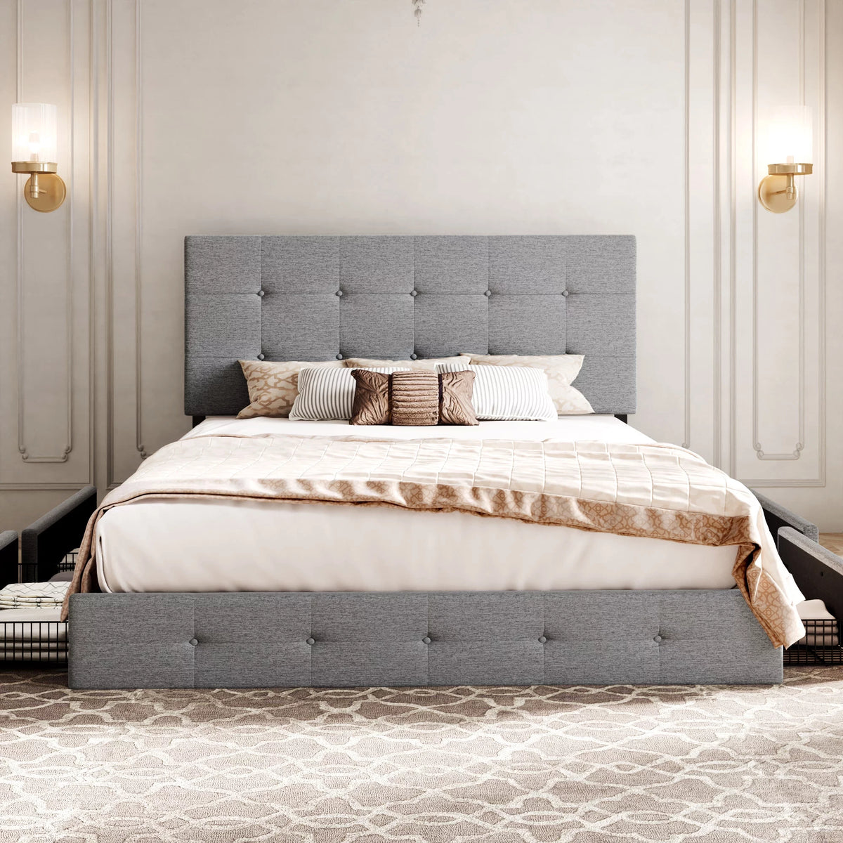 Light Grey Queen Platform Bed Frame with 4 Drawers Storage D28031