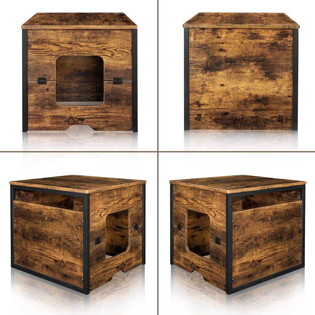 Rustic Brown and Black Cat Litter Box Enclosure with Magnetic Door Q2216