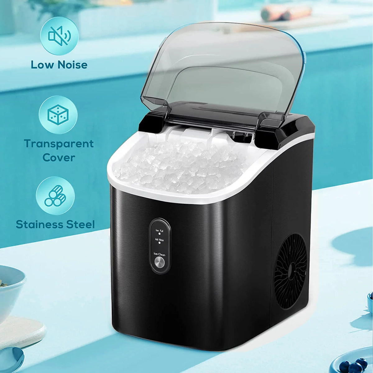 Nugget Ice Maker Countertop with Self-Cleaning Function, 33lbs/24H Chewable Ice, Black E1405