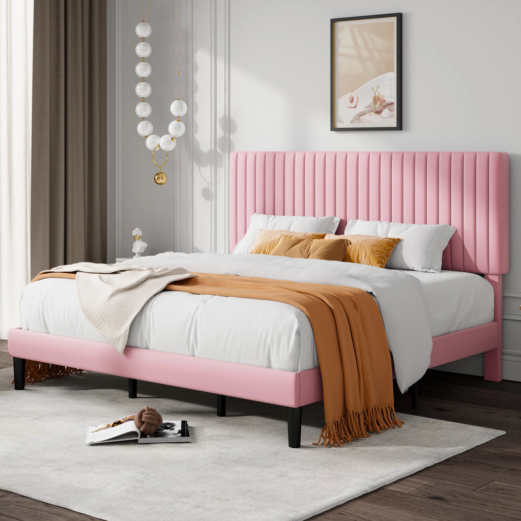 Queen Size Black Velvet Upholstered Platform Bed Frame W57887