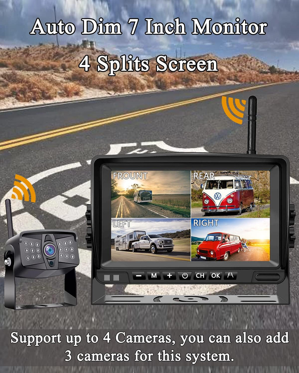 Wireless 1080P RV Backup Camera with 7'' DVR 4 Split Screen Monitor Y474067