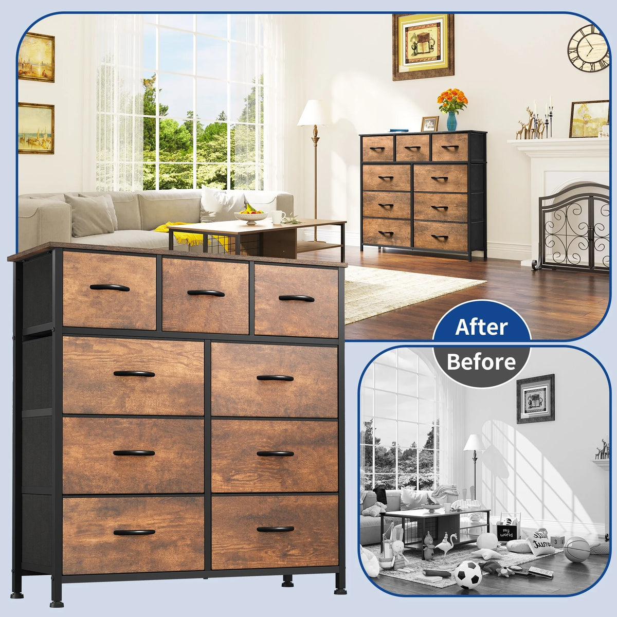 Rustic Wood-grain 9-drawer Dresser with Metal Frame B74810