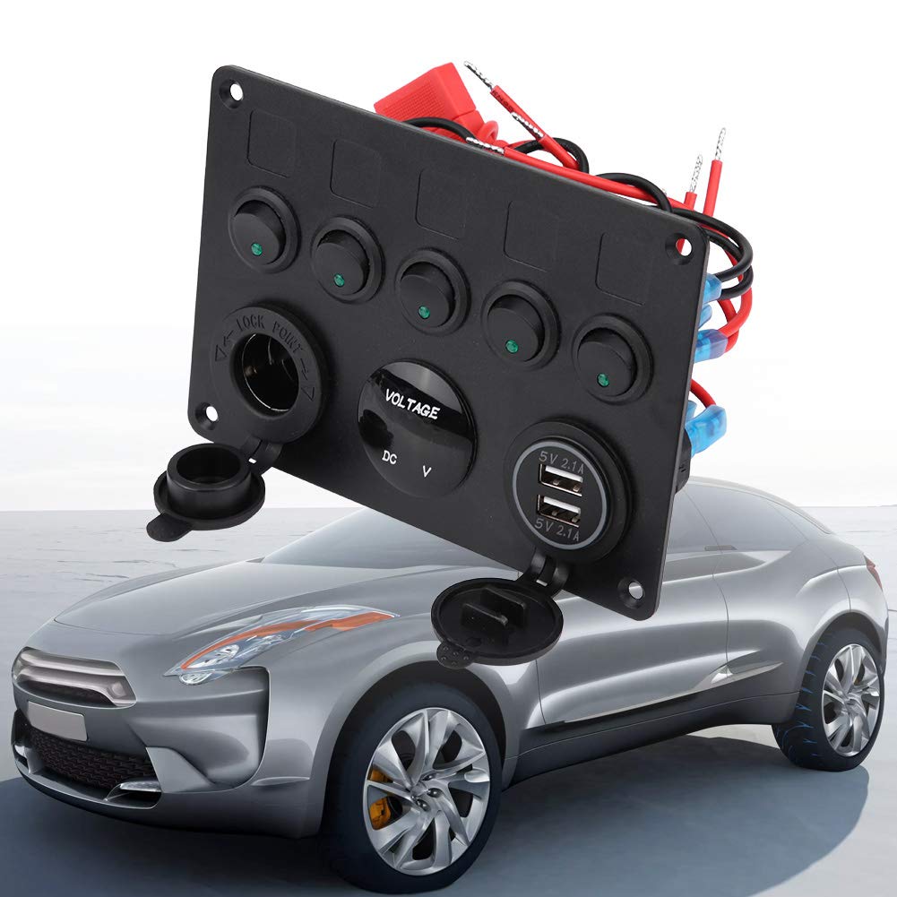 5 Gang Rocker Switch Panel 12-24V On/Off Dual USB Charger Port Digital Voltmeter Display Green LED Pack of 2 K2642