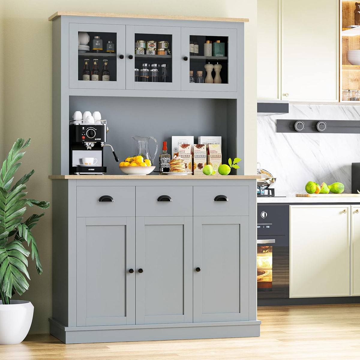 Grey Kitchen Hutch Storage Cabinet with Countertop and Drawers B221433