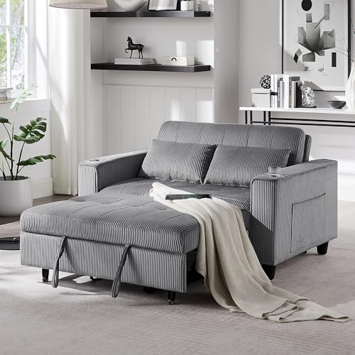 Light Grey Corduroy 3 in 1 Convertible Sleeper Sofa Bed S168